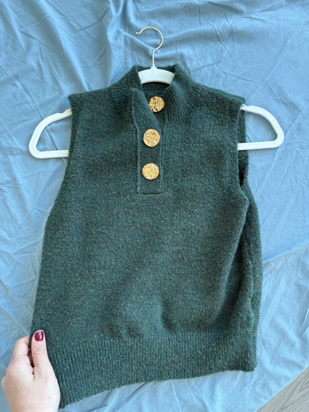 Sleeveless Mock Neck Knit Sweater Vest in Dark Green with Gold Buttons